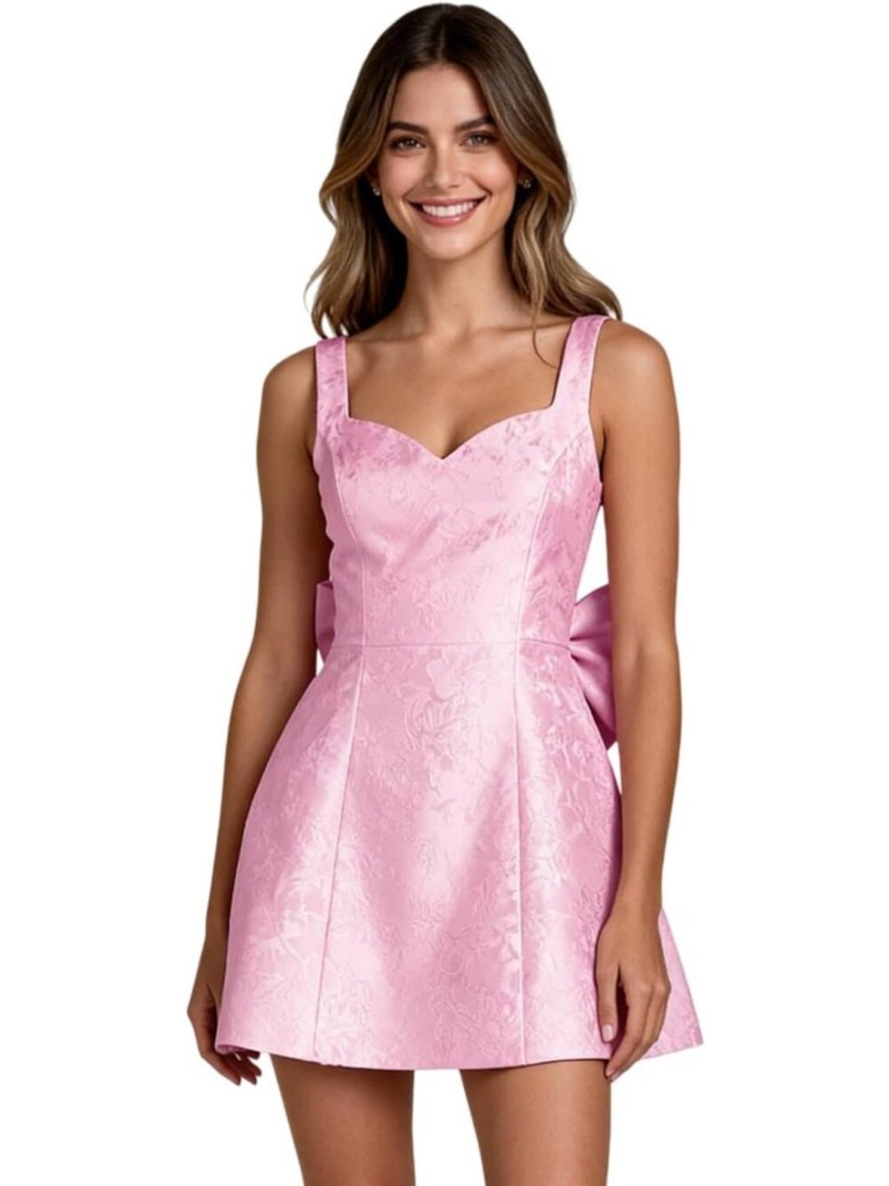 Elegant A-Line Jacquard Satin Homecoming Dress with Bow & Embroidery - Mini Prom